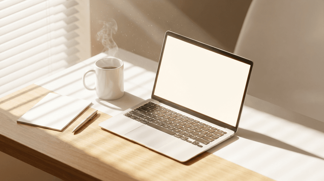 Modern workspace with laptop showing website design and natural morning light