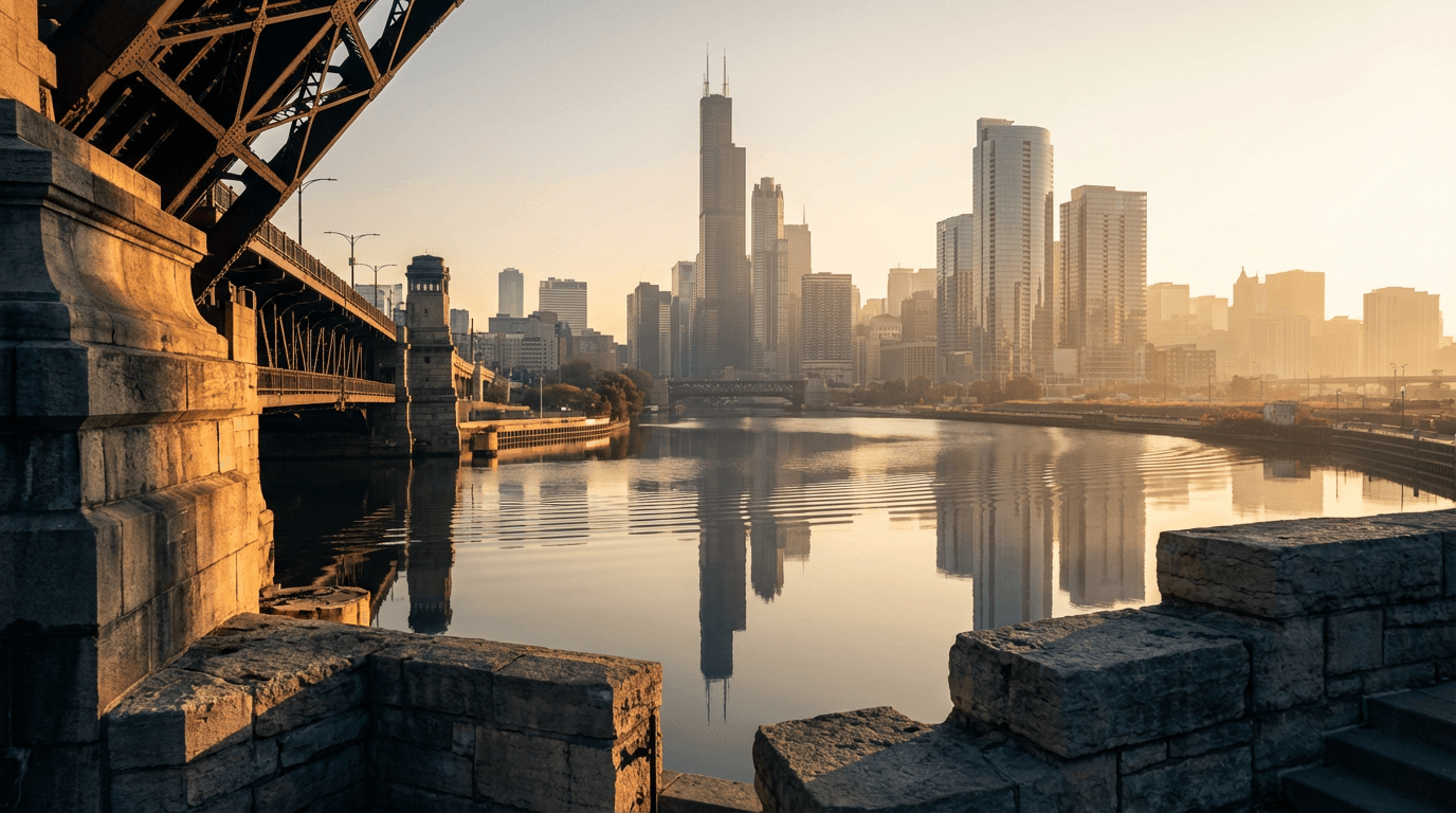 Chicago skyline at golden hour reflected in the Chicago River, with bridge details in foreground and downtown towers in soft-focus background.