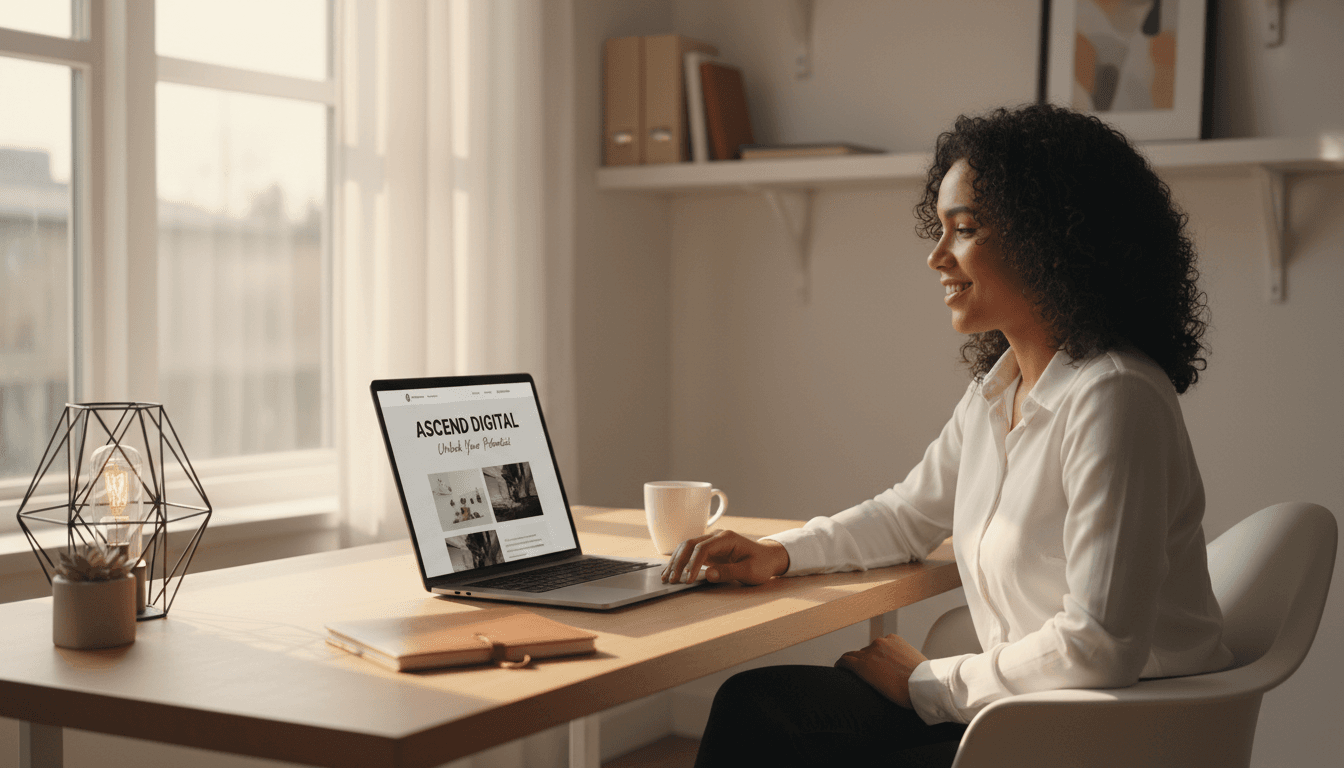 Small business owner smiling while viewing their new professional website on a laptop in a modern Chicago office