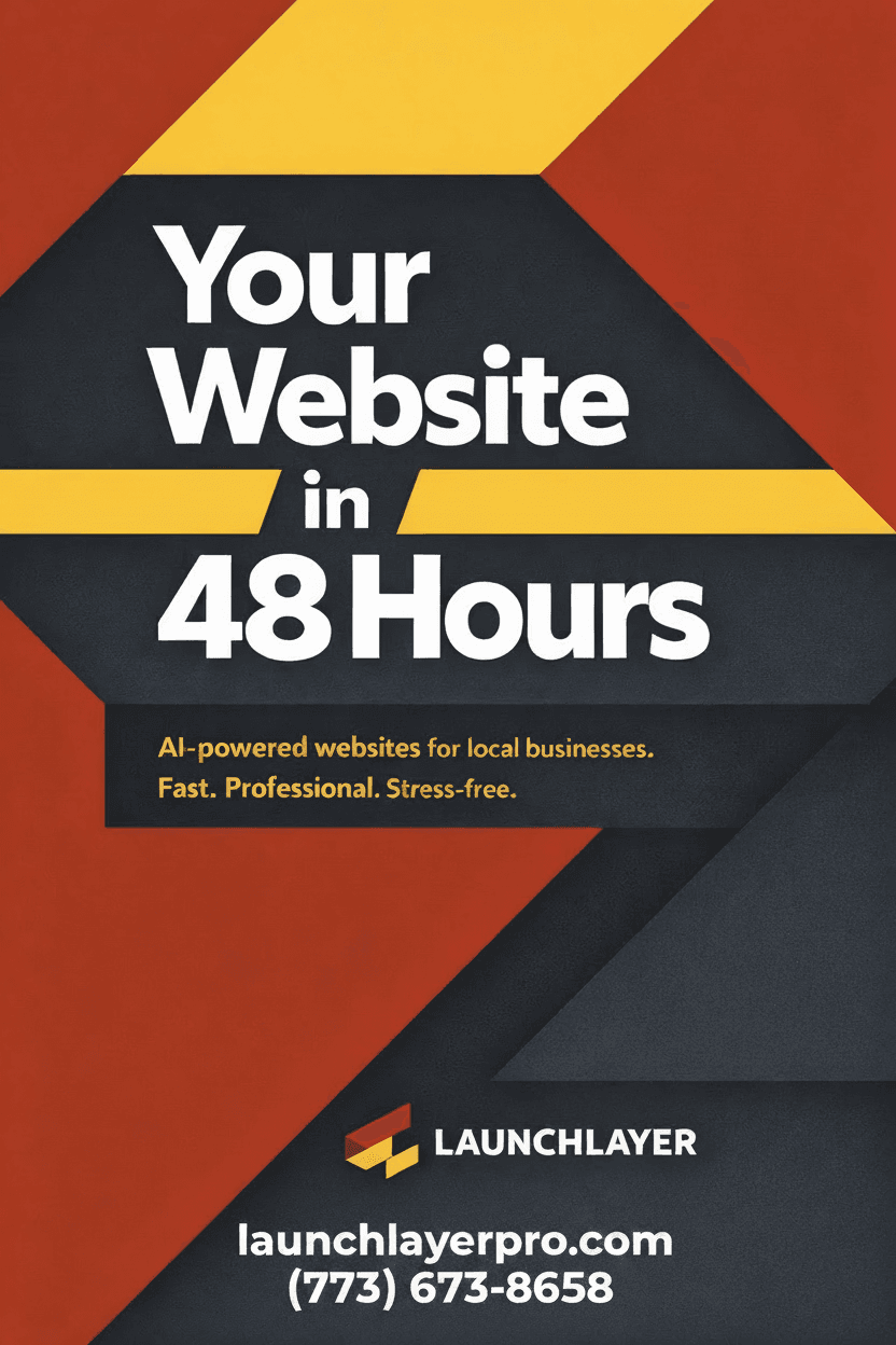 Modern graphic promoting AI-powered websites in 48 hours by Launchlayer for local businesses.